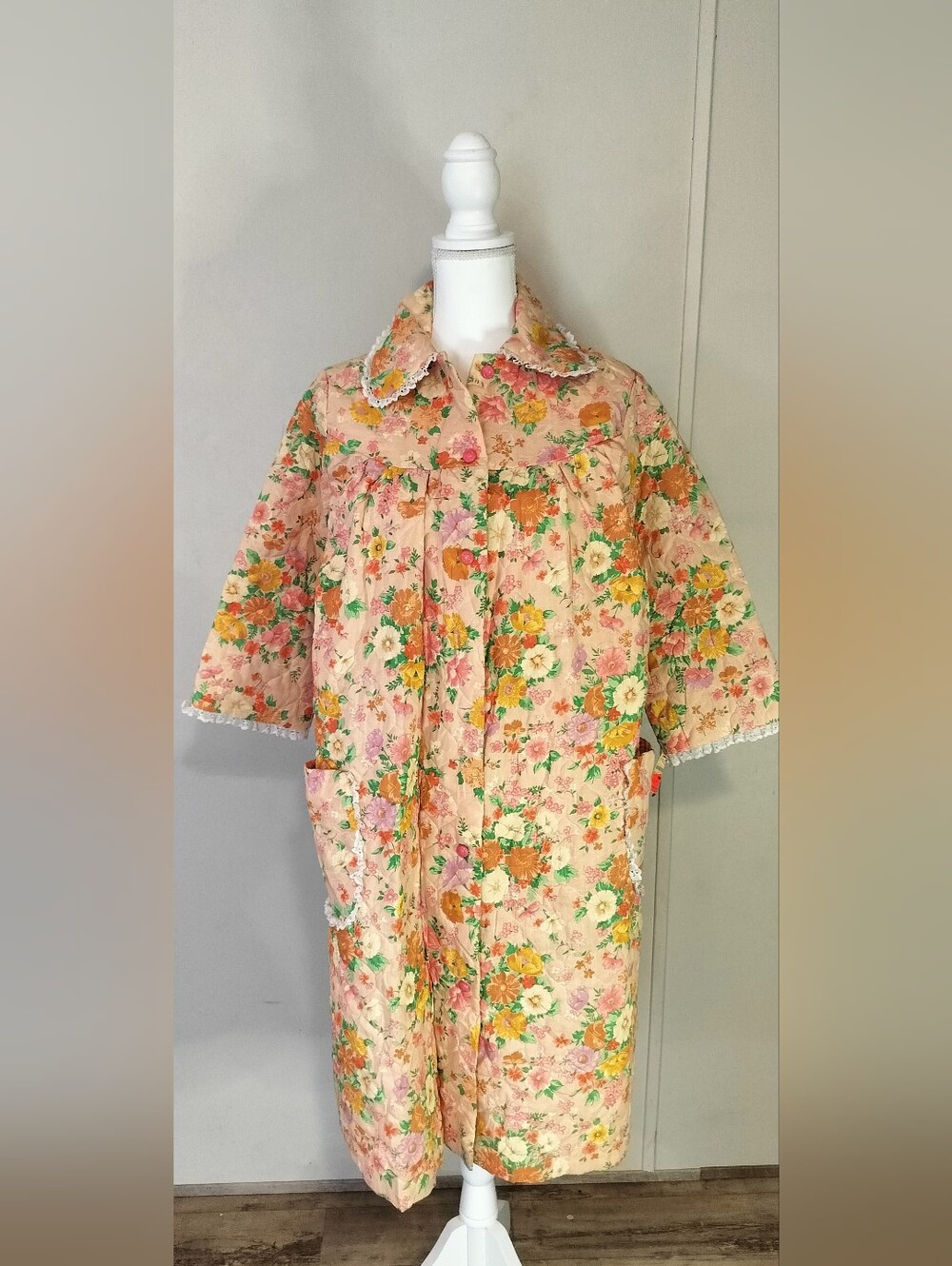 Bakers Peach-Pink Floral Quilted Cape Coat with Yellow & Green Flowers